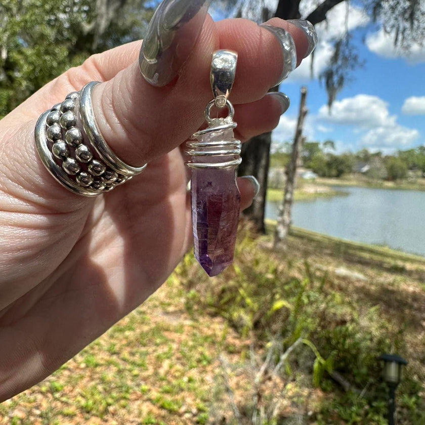 925 Sterling Silver Purple Amethyst Crystal  Pendant