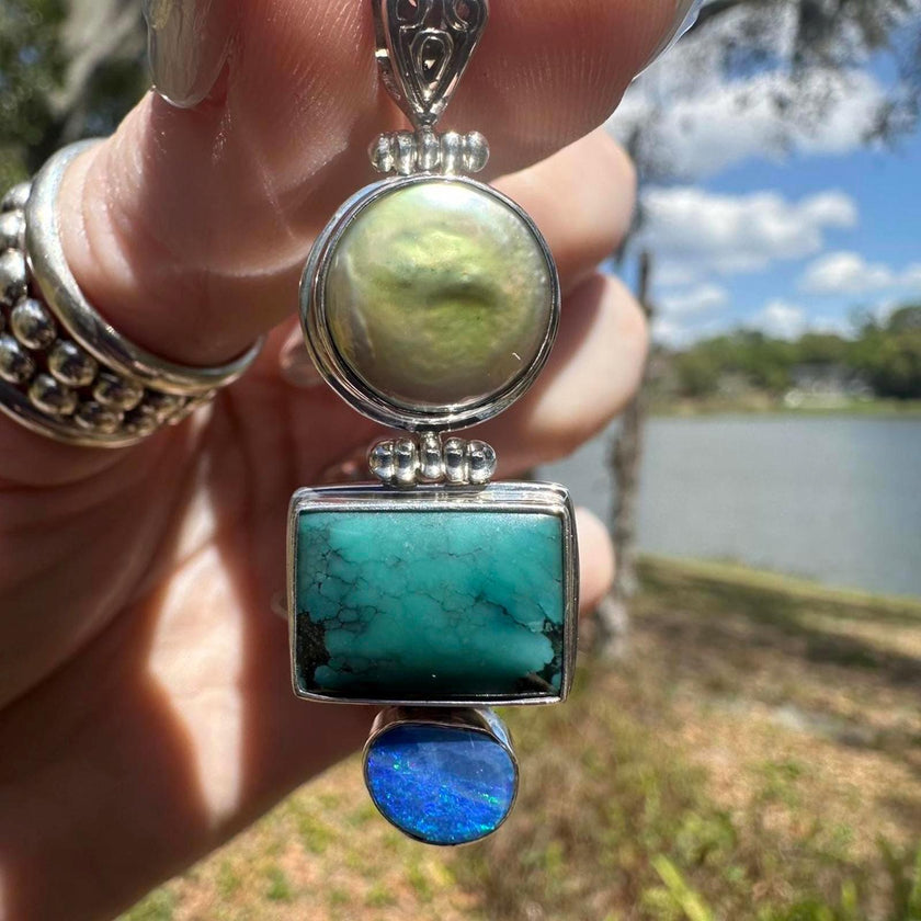 925 Sterling Silver Fresh Water Pearl, Turquoise and Australian Opal Pendant