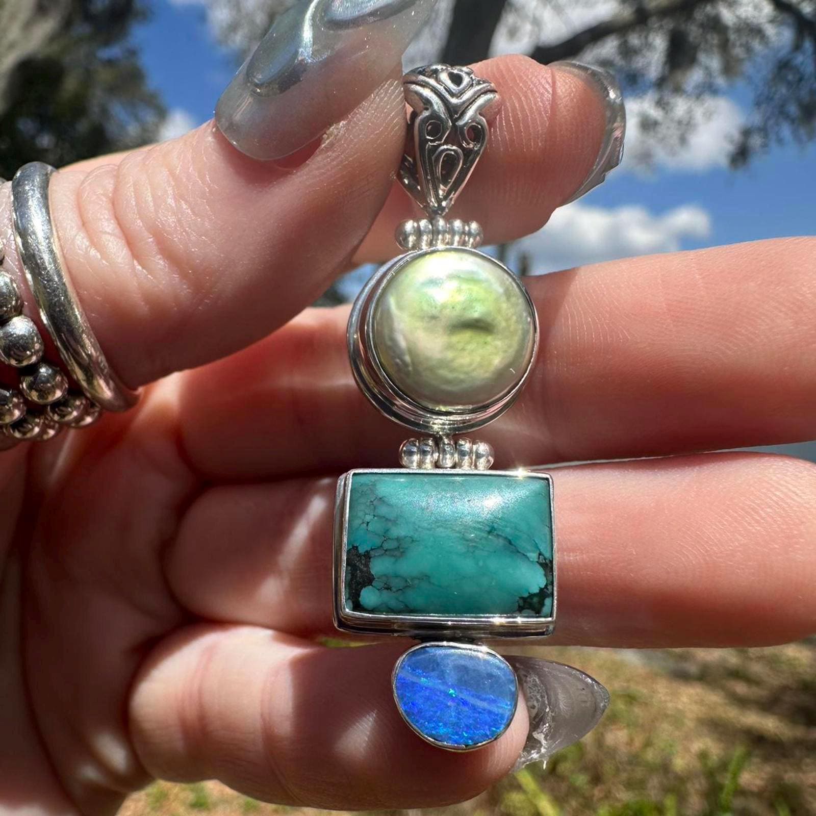 925 Sterling Silver Fresh Water Pearl, Turquoise and Australian Opal Pendant