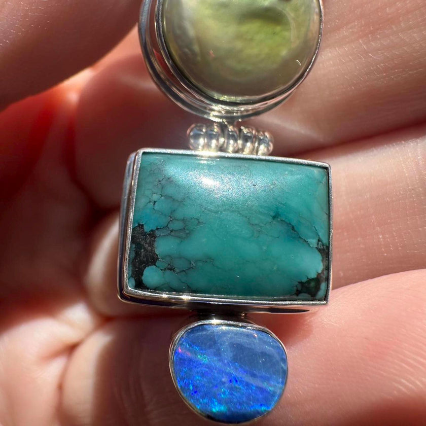 925 Sterling Silver Fresh Water Pearl, Turquoise and Australian Opal Pendant