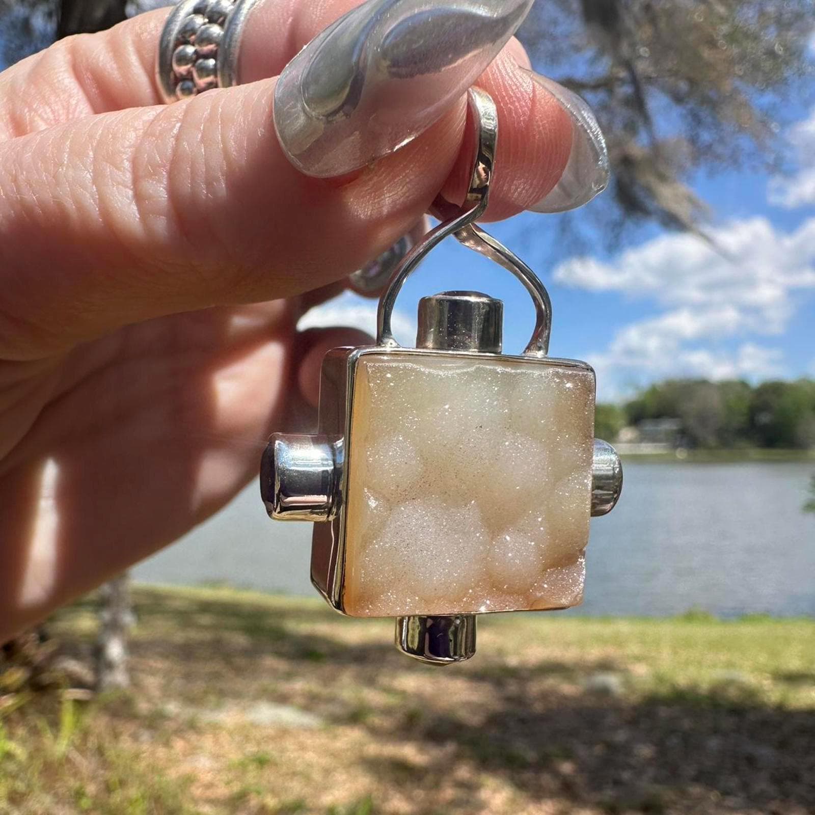 925 Silver Square Druzy & Amethyst Pendant