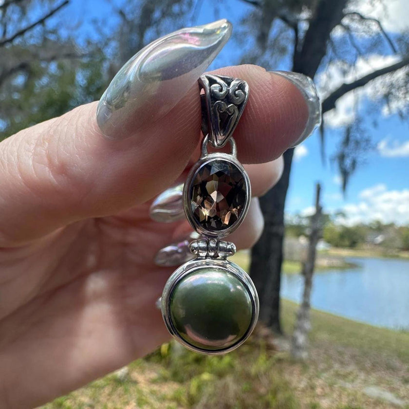 925 Silver Smokey Quartz & Fresh Water Pearl Pendant