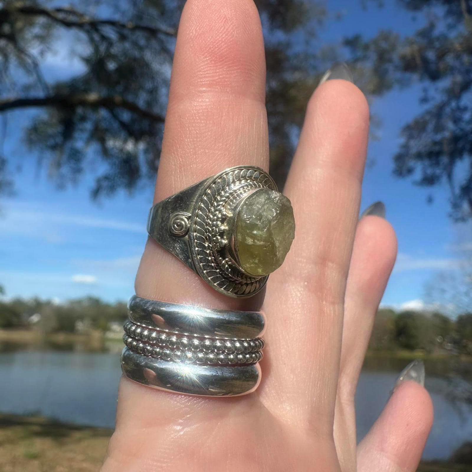 Sterling Silver Green Citrine Statement Ring Size 9