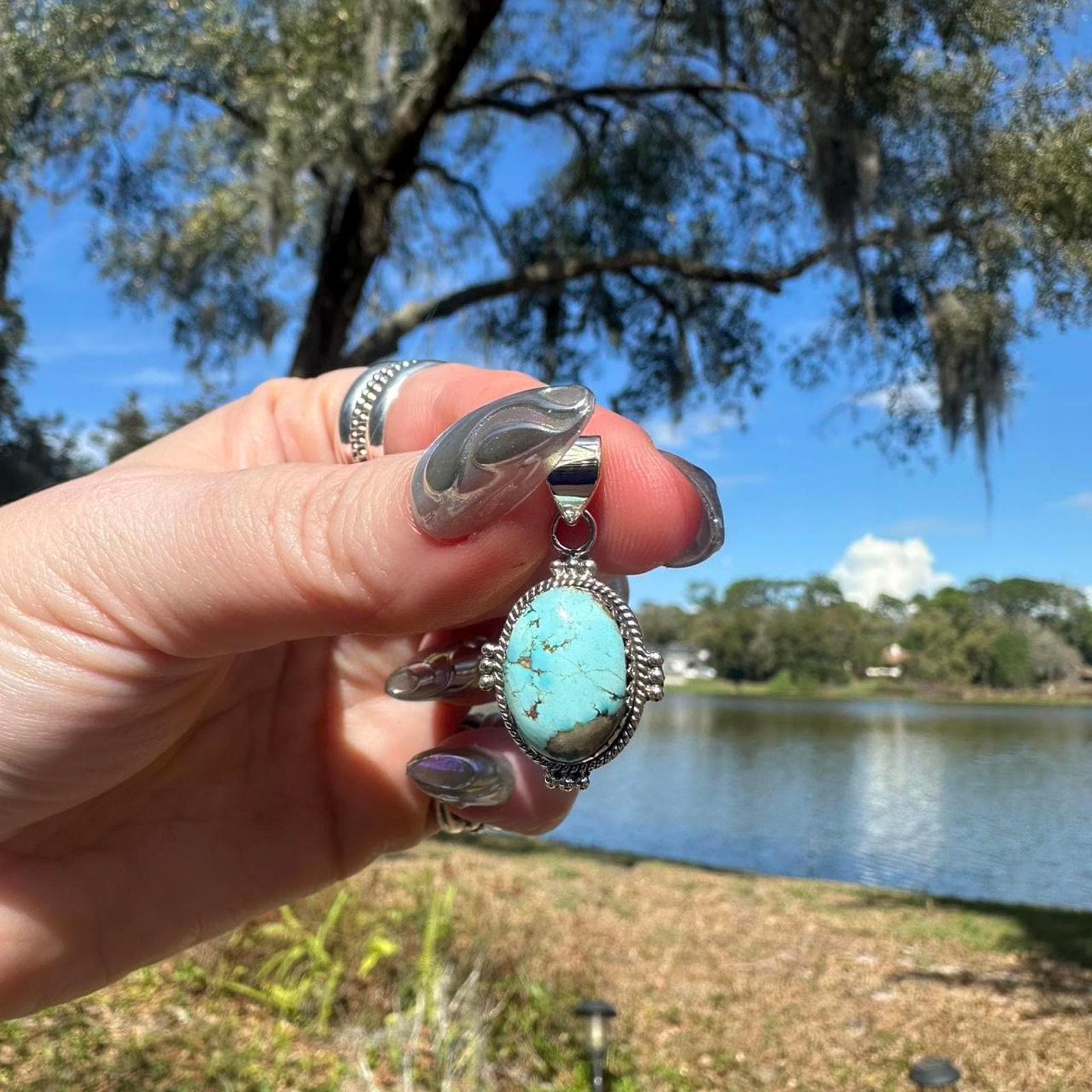 Sterling Silver Kingman Turquoise Pendant . Approx 1” (Small)