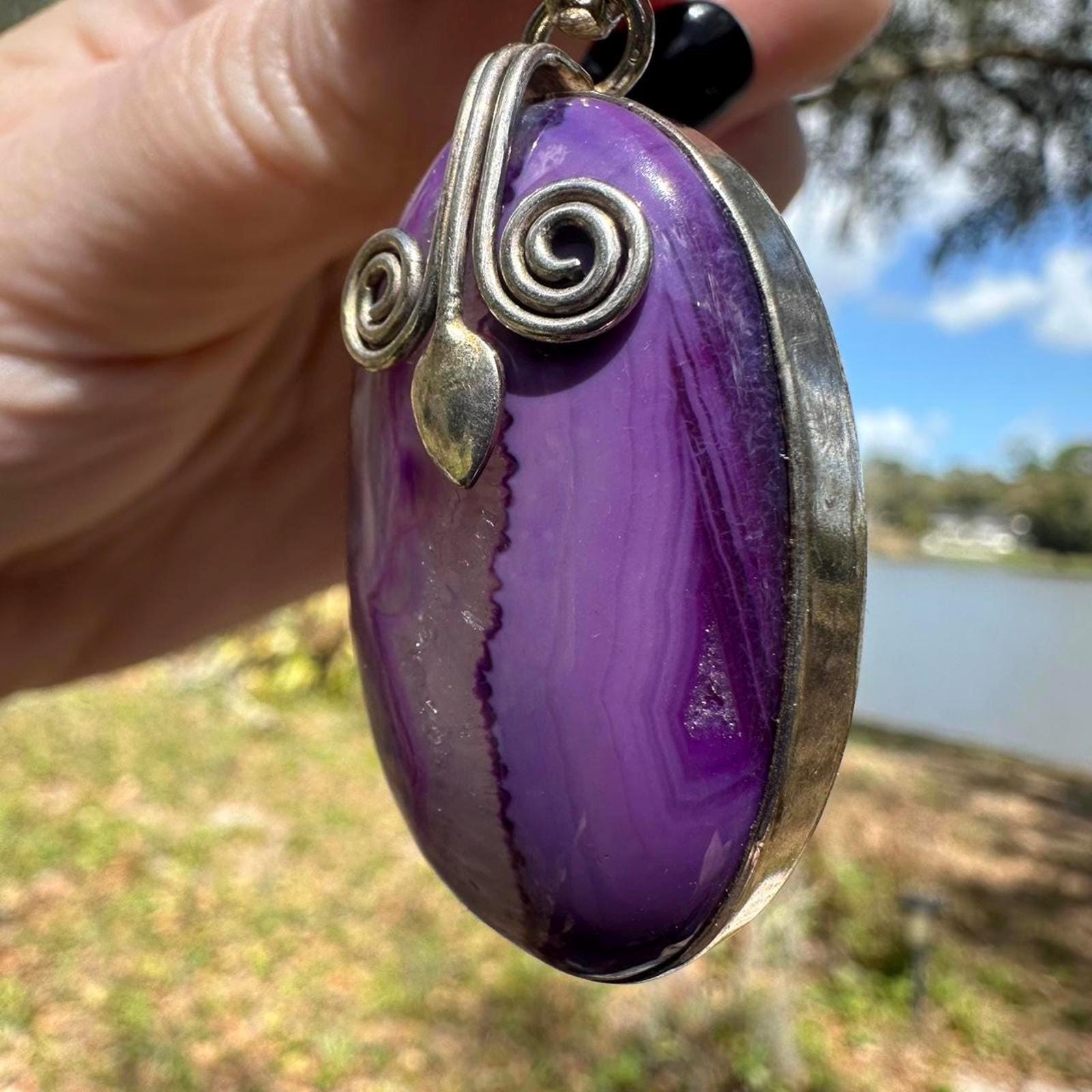 Vintage Sterling Silver Purple Agate Pendant