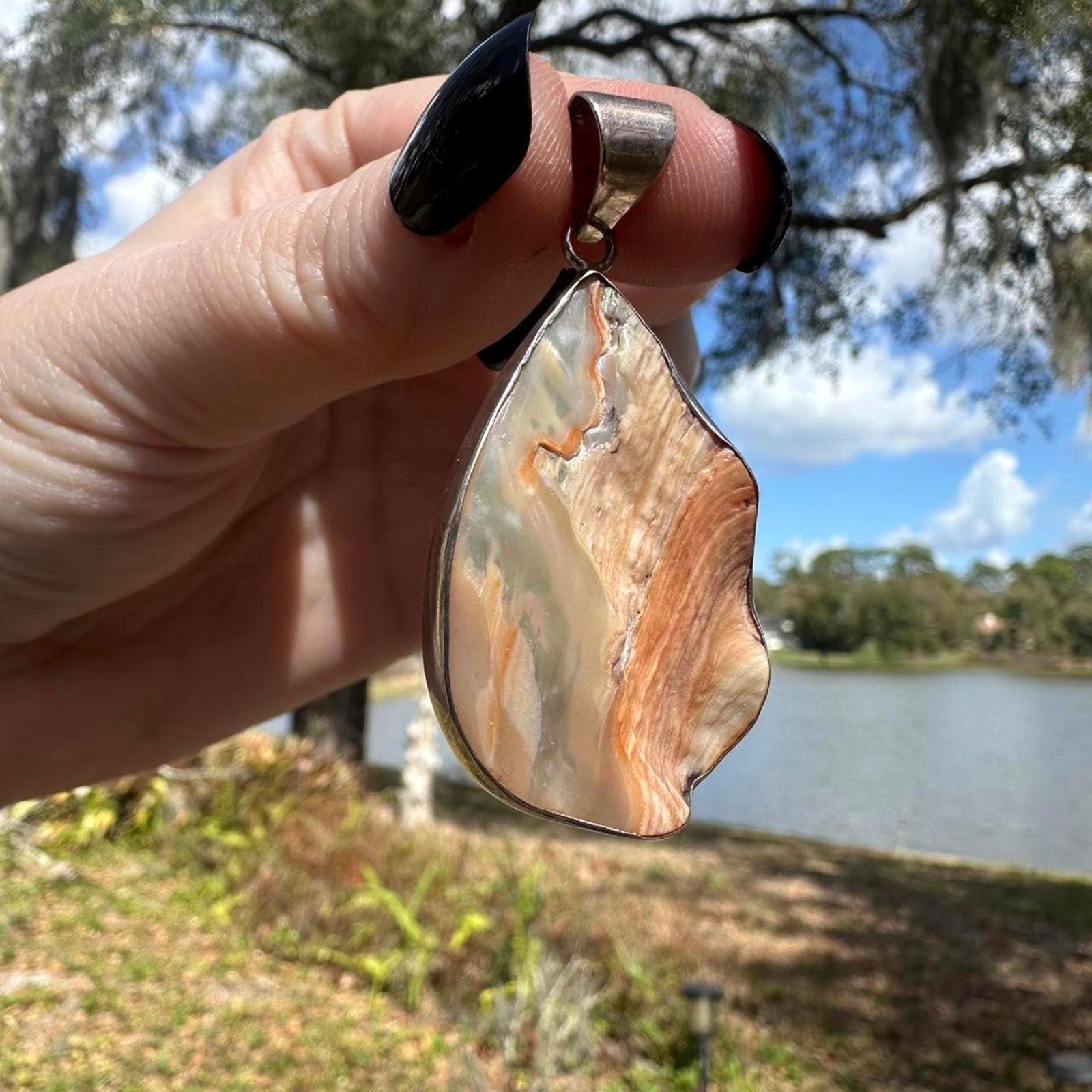 Vintage Sterling Silver Abalone & Coral Pendant