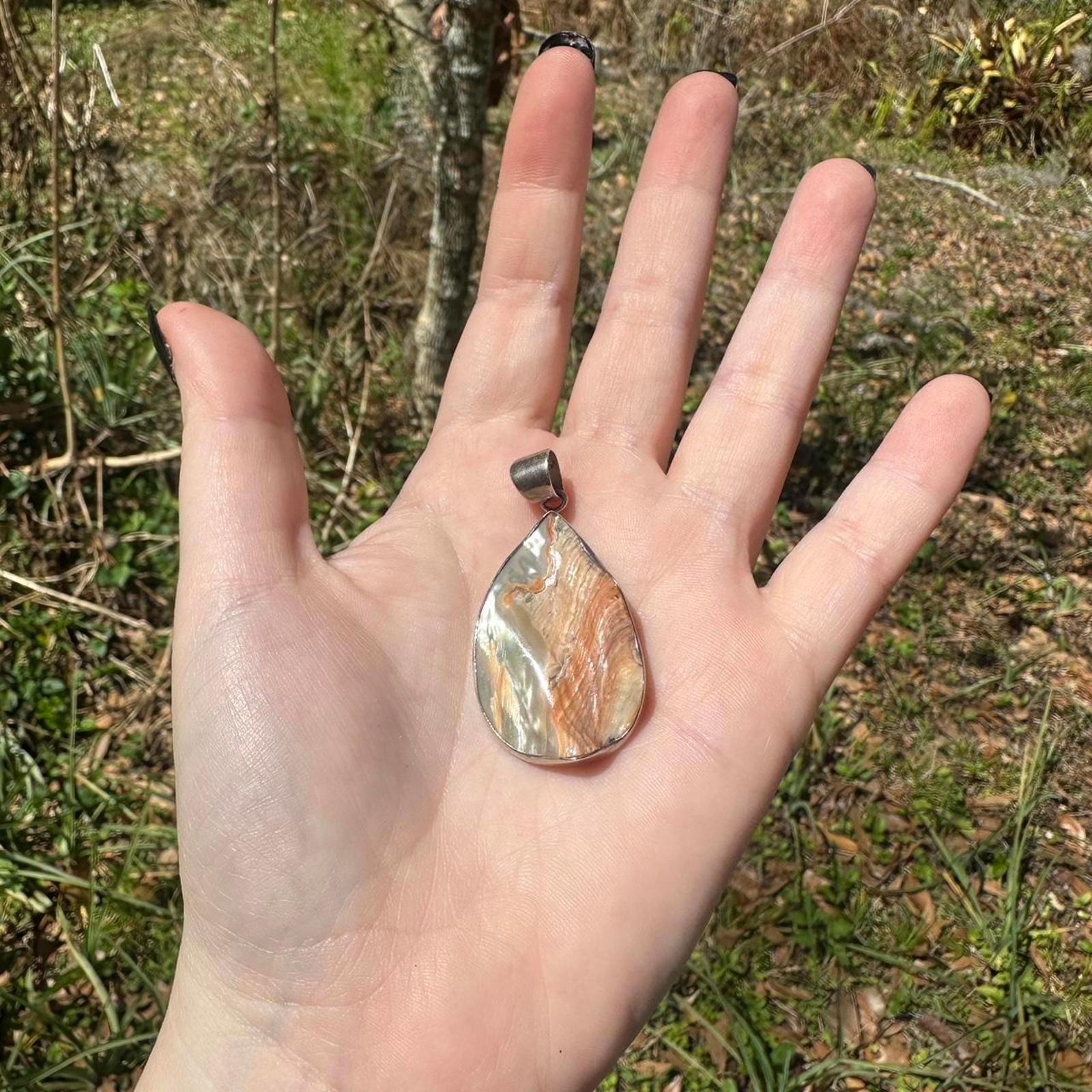 Vintage Sterling Silver Abalone & Coral Pendant