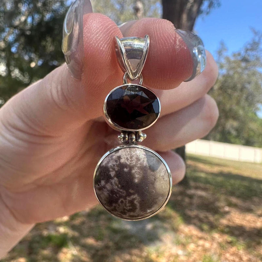 925 Sterling Silver Smokey Quartz and Fossilized Coral Pendant