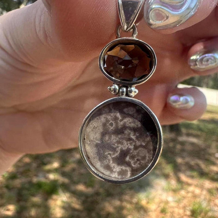 925 Sterling Silver Smokey Quartz and Fossilized Coral Pendant