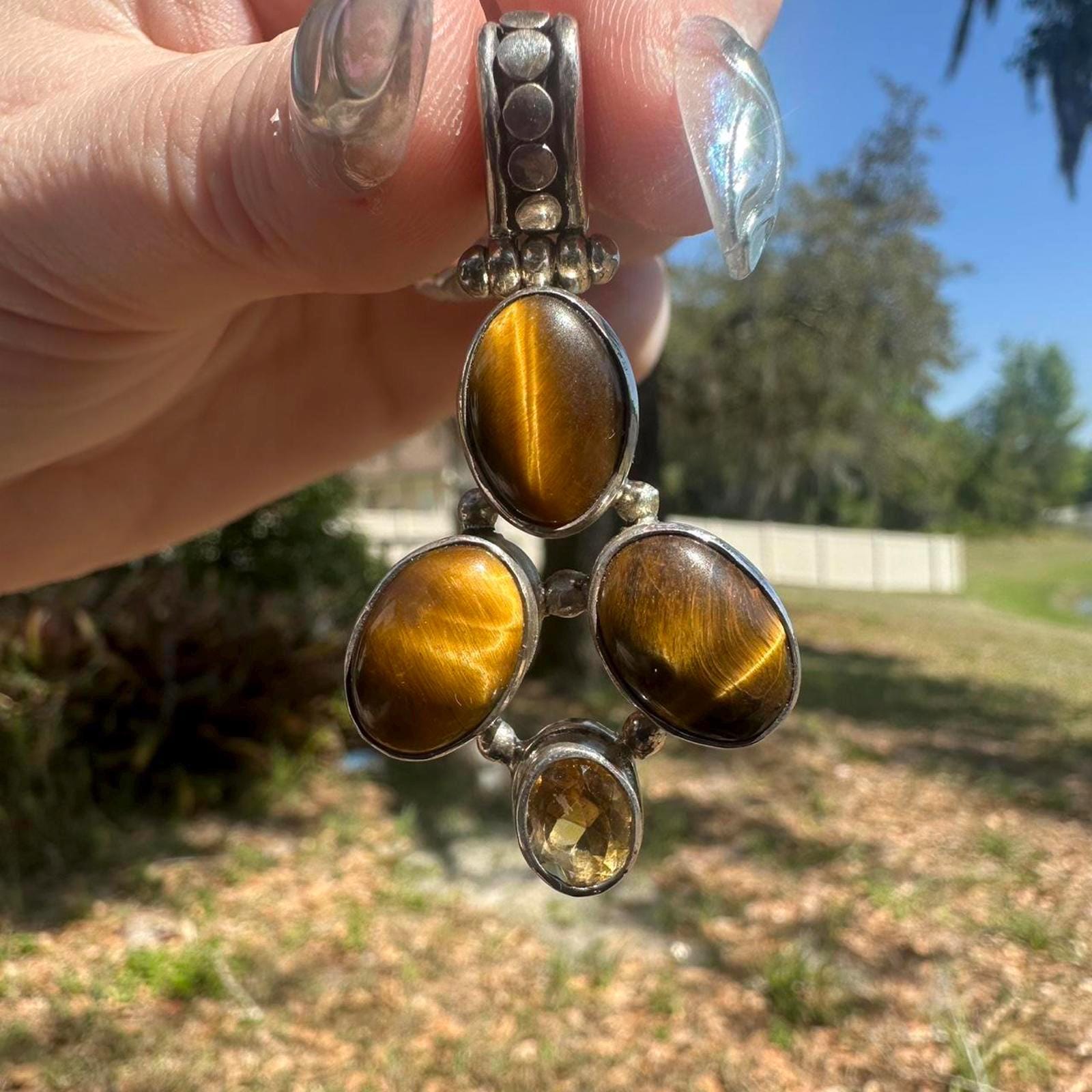 925 Sterling Silver Tigers Eye 4 Stone Pendant