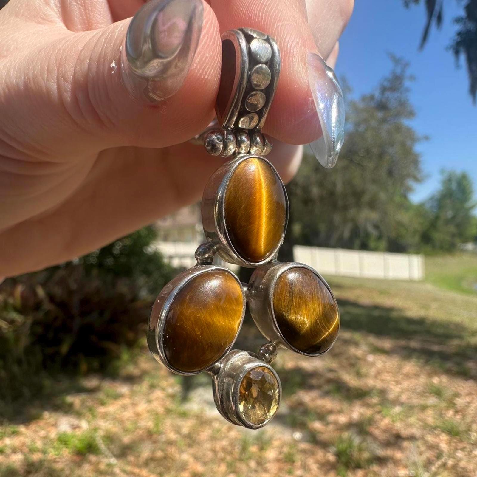 925 Sterling Silver Tigers Eye 4 Stone Pendant