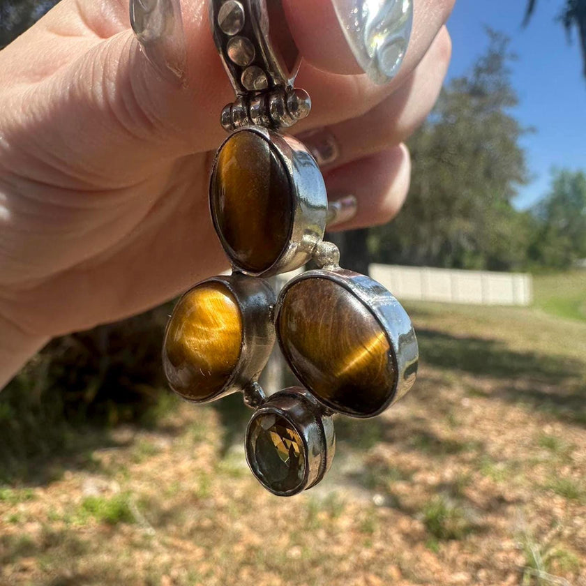 925 Sterling Silver Tigers Eye 4 Stone Pendant