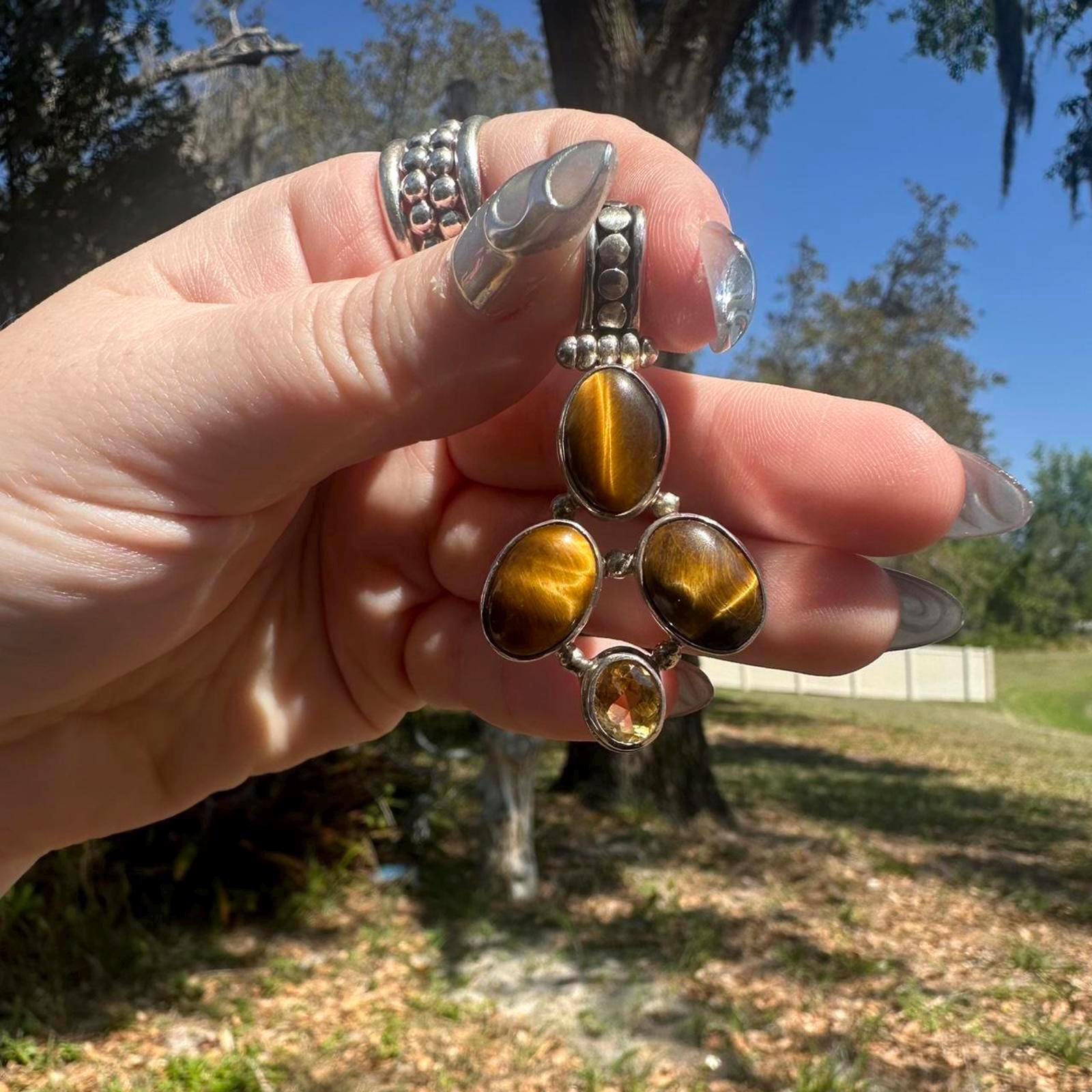 925 Sterling Silver Tigers Eye 4 Stone Pendant