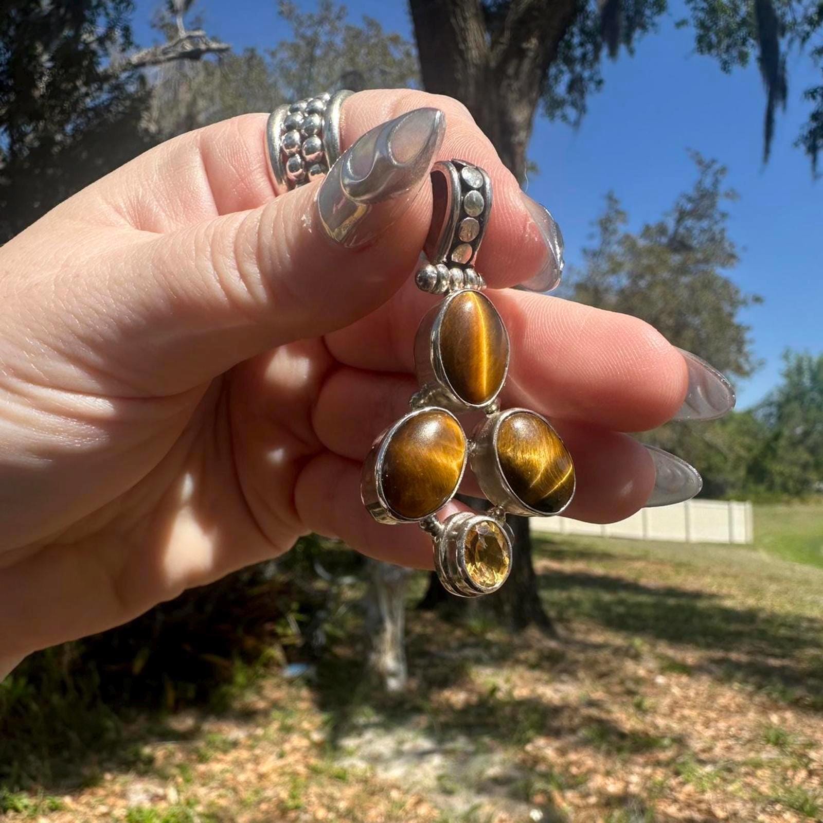 925 Sterling Silver Tigers Eye 4 Stone Pendant
