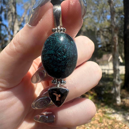 925 Sterling Silver Turquoise and Smokey Quartz Pendant