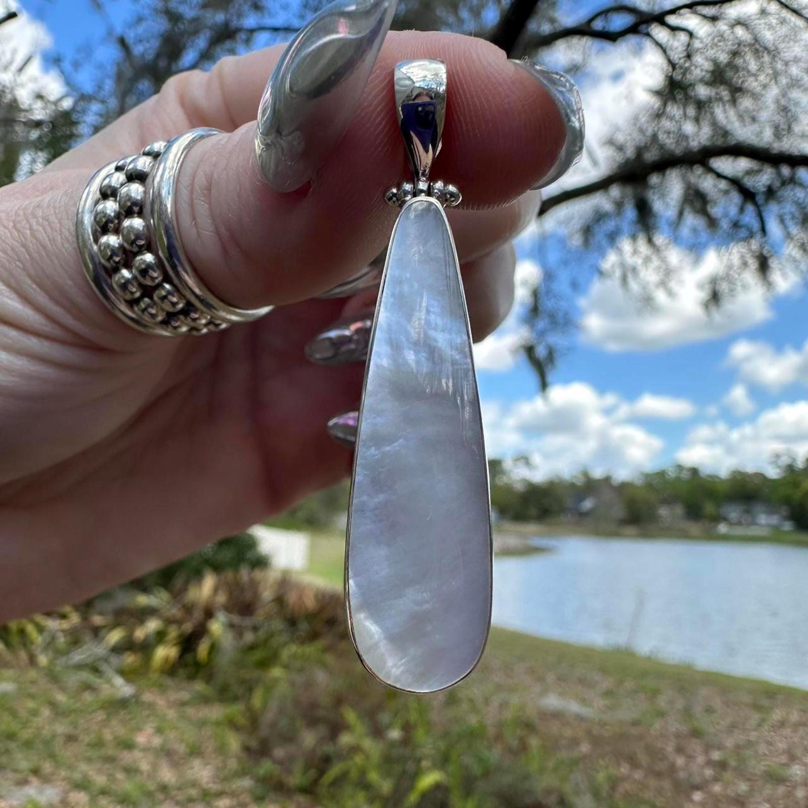 925 Sterling Silver Elongated Mother of Pearl  Pendant