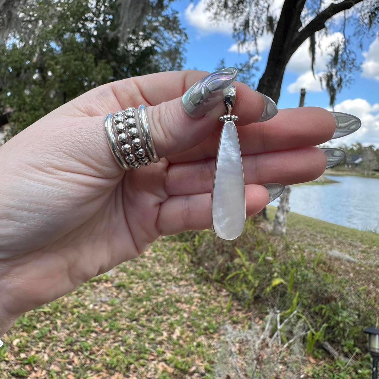 925 Sterling Silver Elongated Mother of Pearl  Pendant