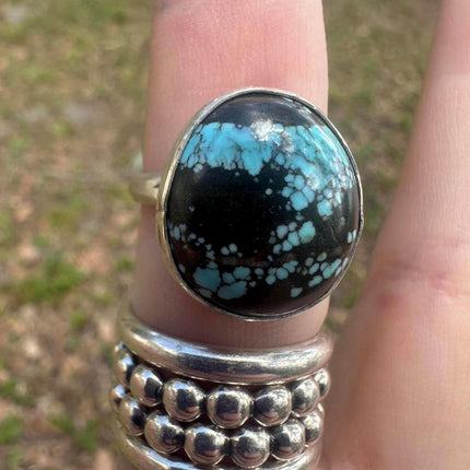 925 Sterling Silver Native American Signed Black & Blue Turquoise Ring Size 8