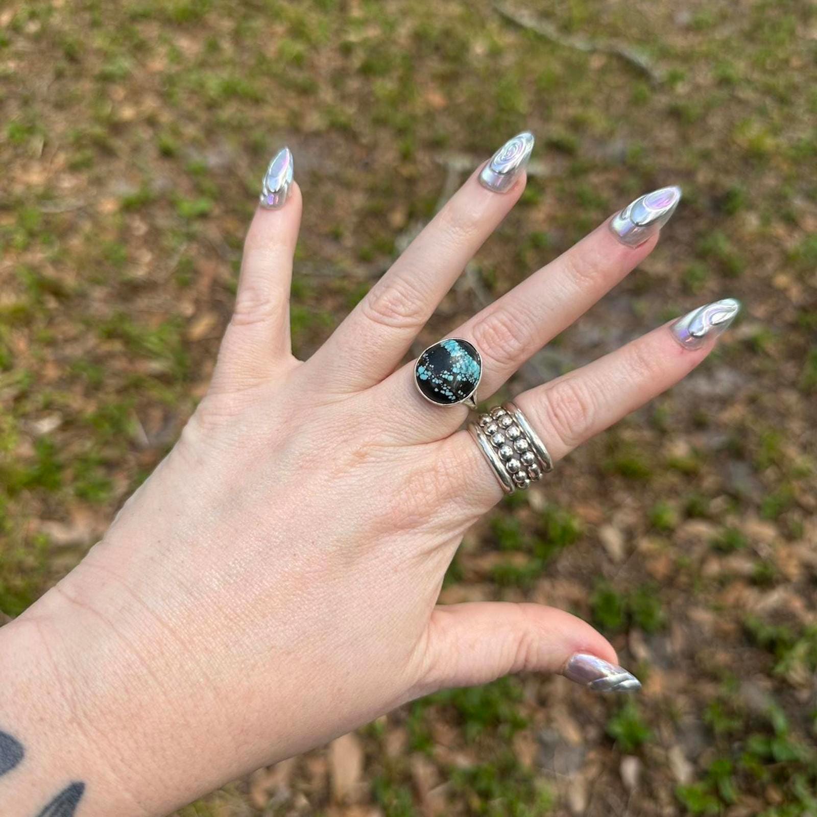 925 Sterling Silver Native American Signed Black & Blue Turquoise Ring Size 8