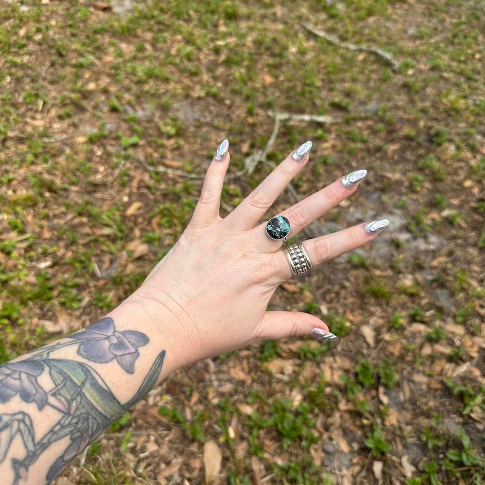 925 Sterling Silver Native American Signed Black & Blue Turquoise Ring Size 8