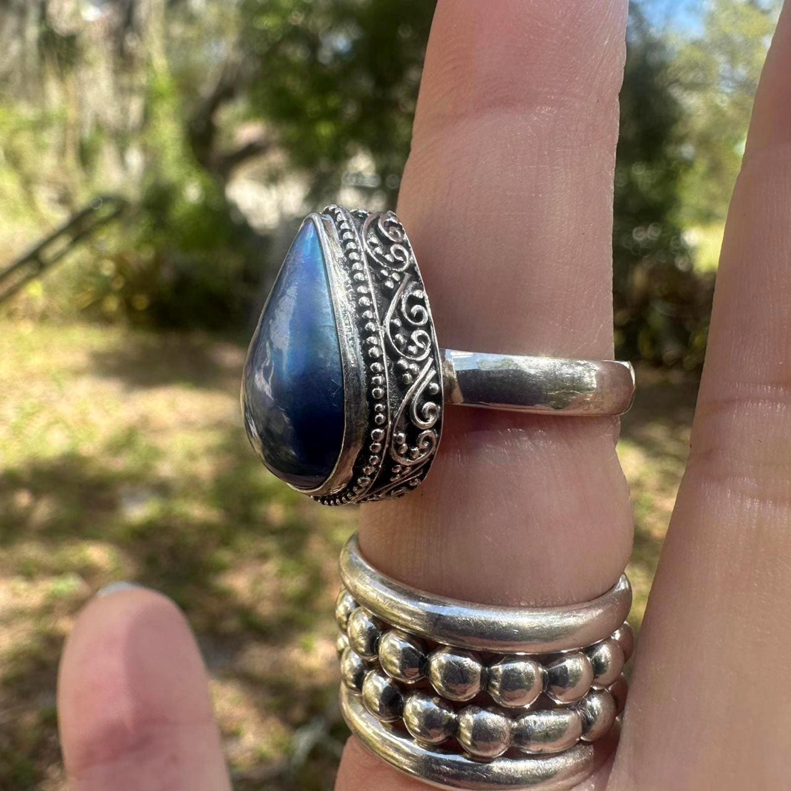 925 Sterling Silver Blue Biwa Pearl Ring Size 7