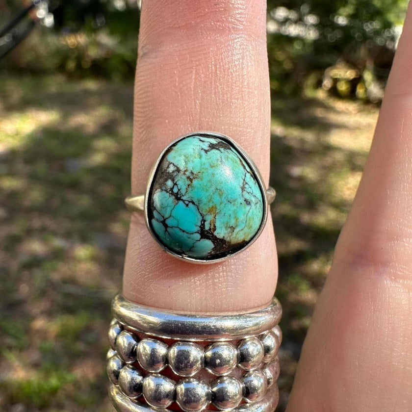 925 Sterling Silver Native American Signed Blue Turquoise Ring Size 7