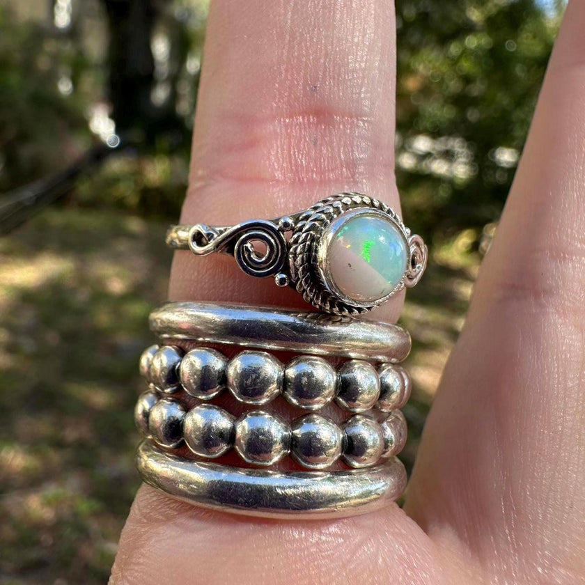 925 Sterling Silver Ethiopian Opal Spiral Detail Ring Size 10