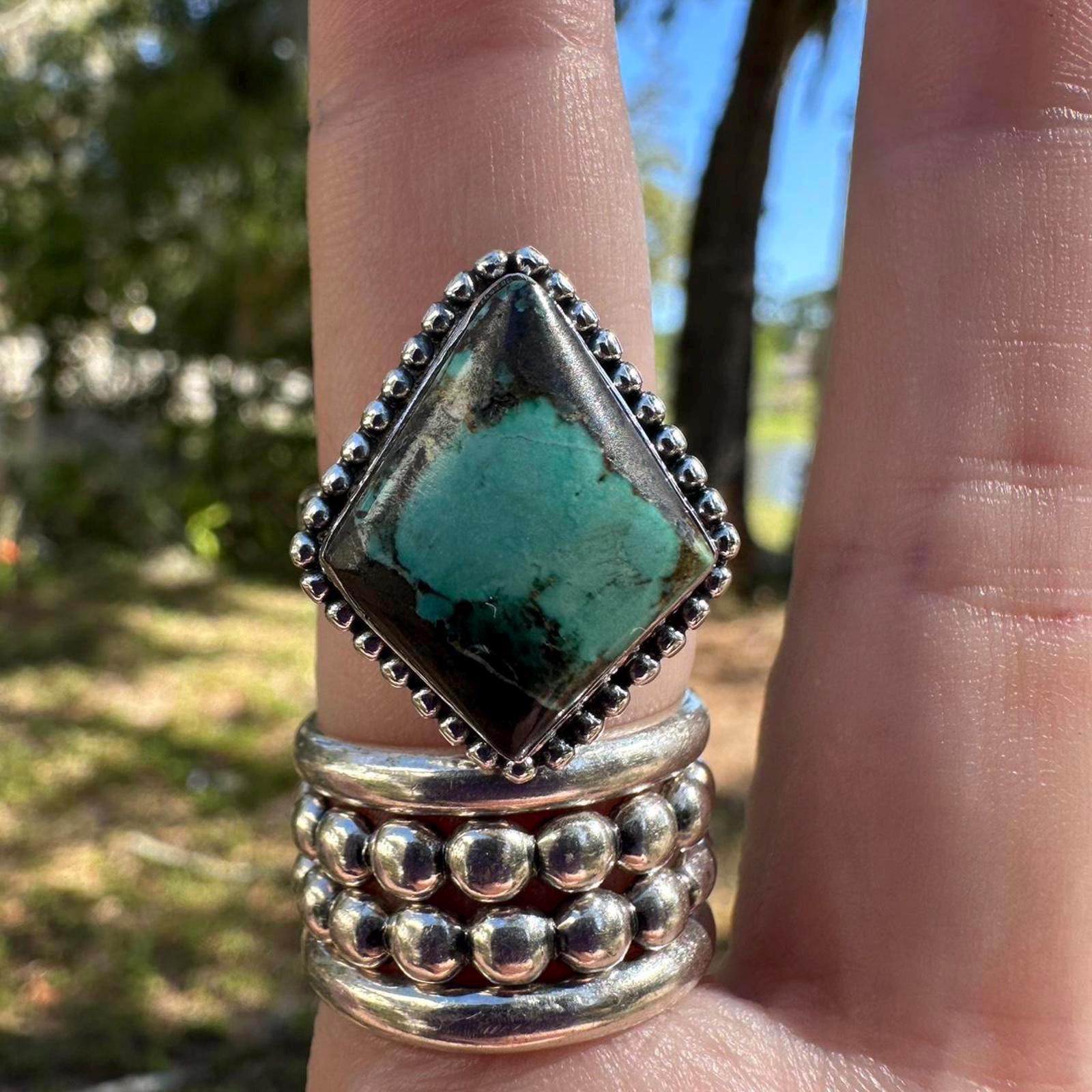 925 Sterling Silver Blackjack Turquoise Ring Size 9