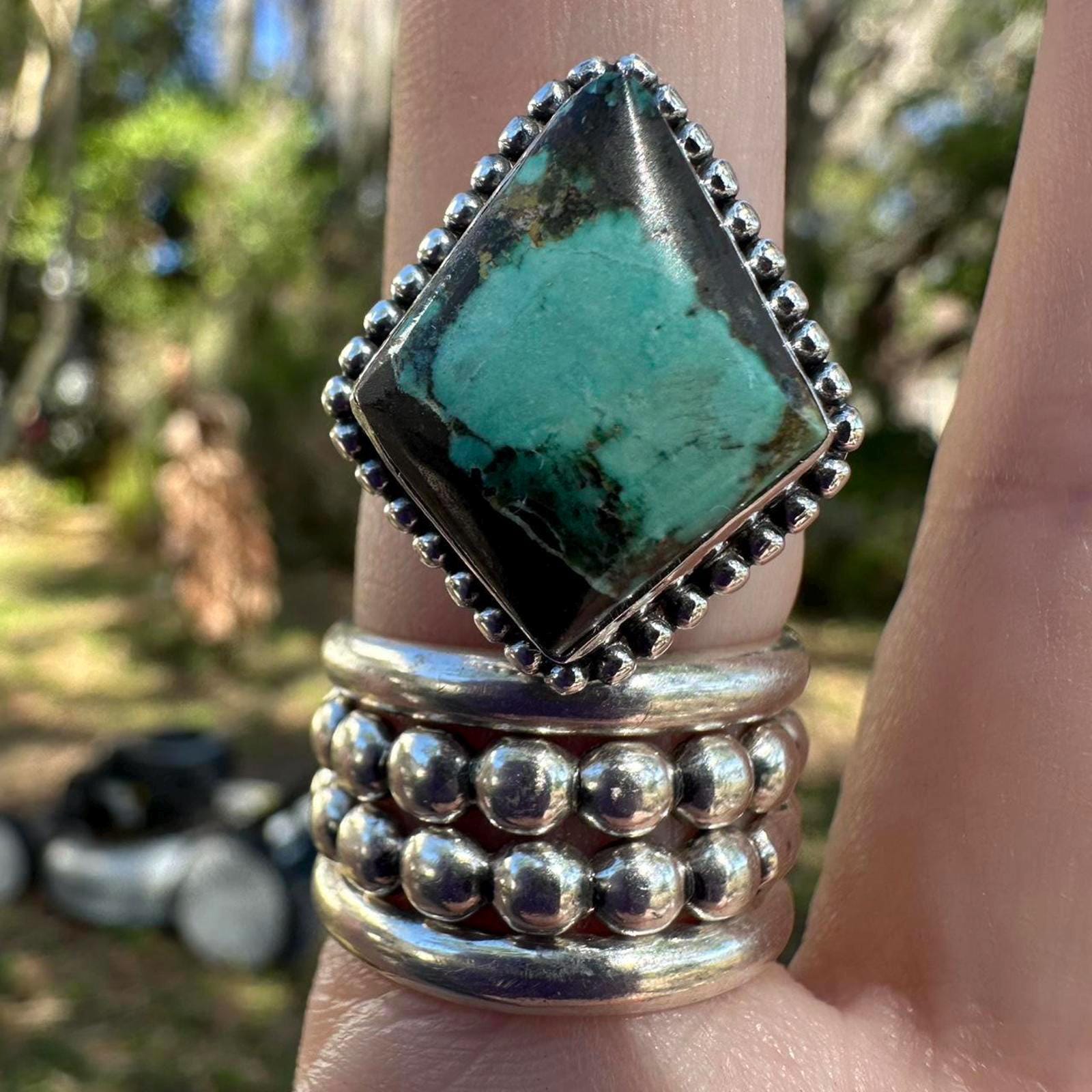 925 Sterling Silver Blackjack Turquoise Ring Size 9